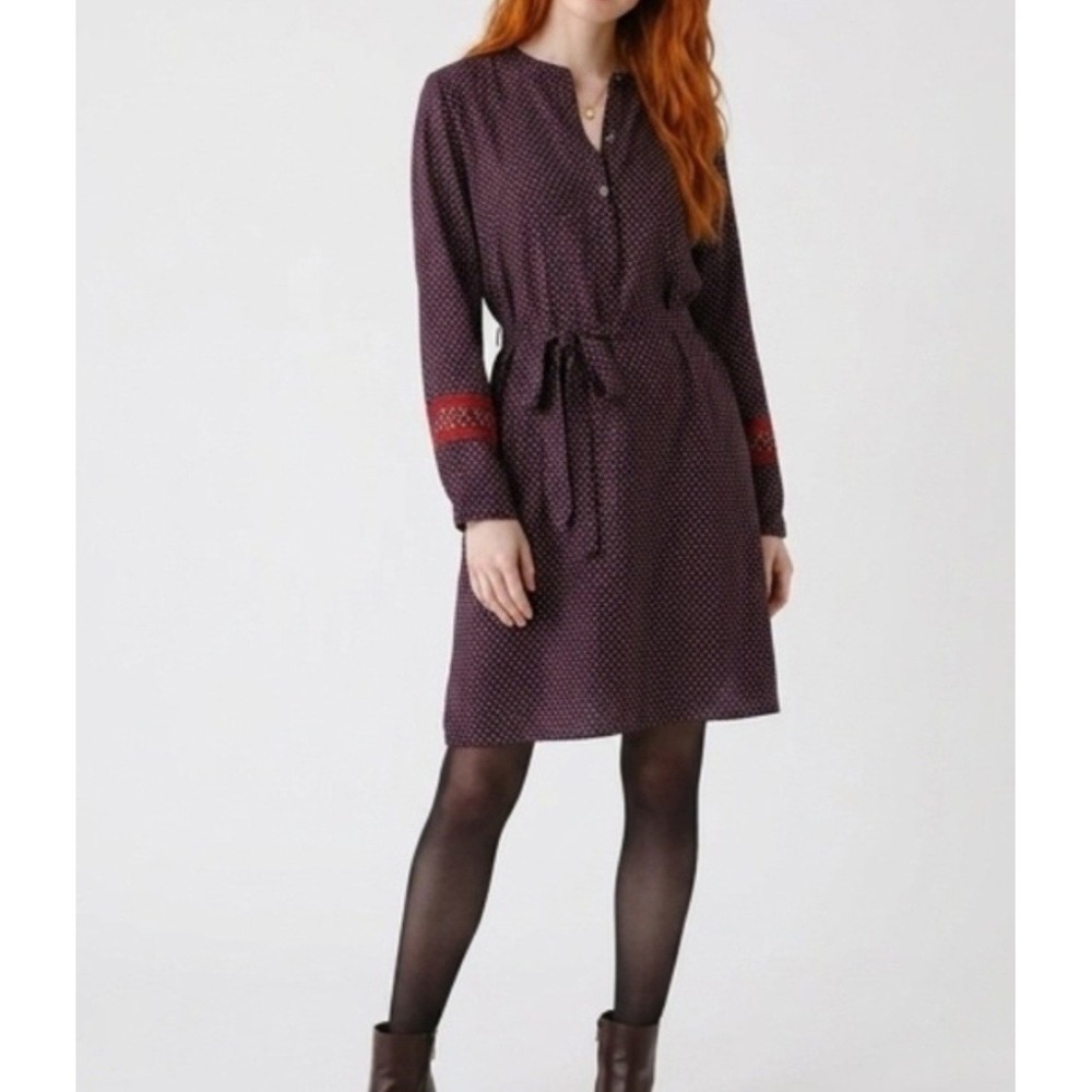 Ann Taylor LOFT Burgundy Geometric Print Long Sleeve Belted Shirt Dress XS